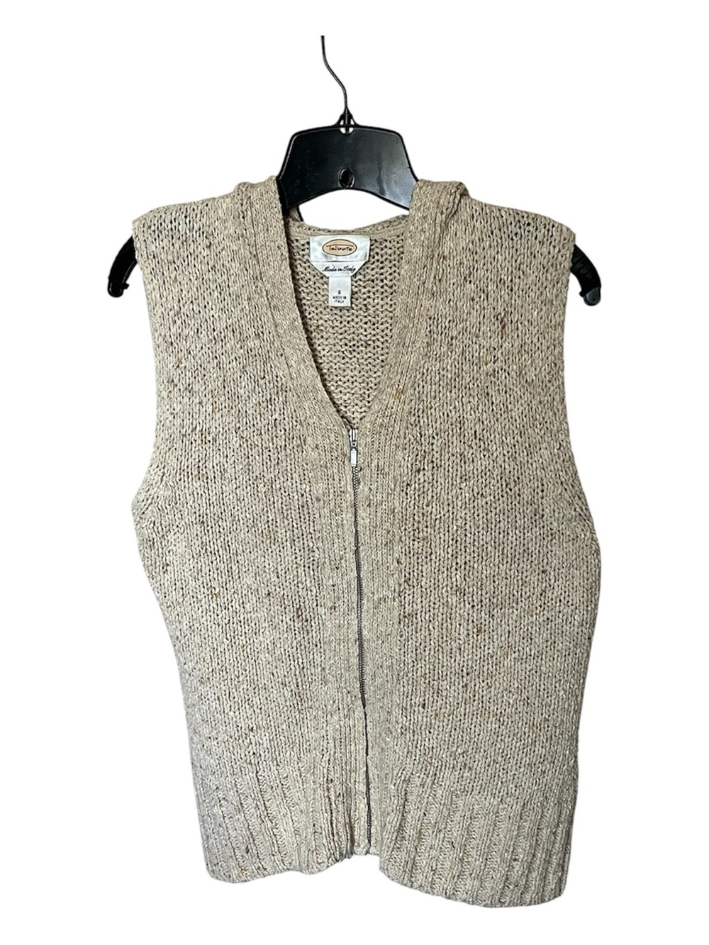 Talbots Made in Italy Wool-Blend Beige Hooded Zip Front Sweater Vest Size Small
